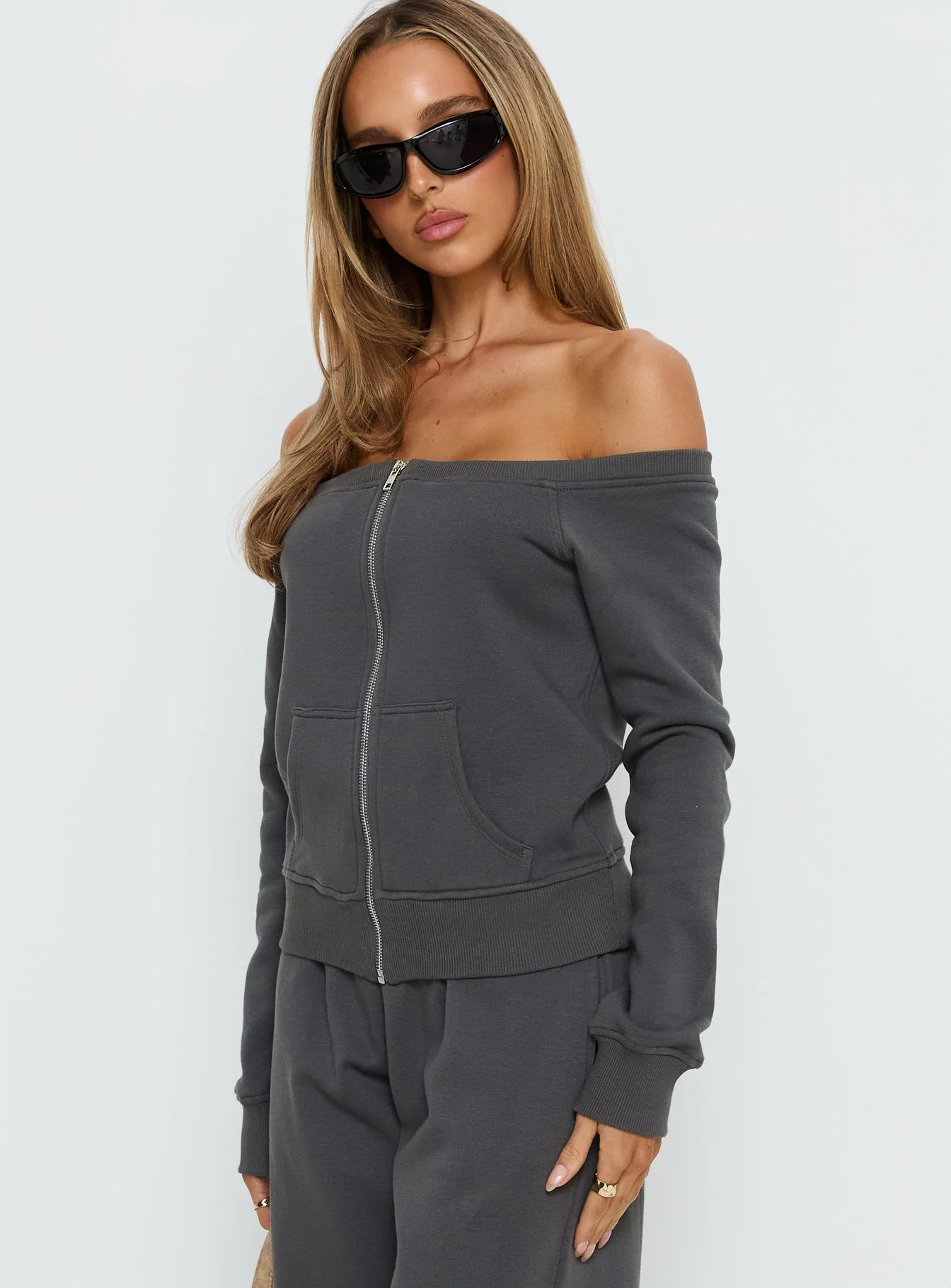 Airazo Off Shoulder Zip Through Jumper Grey