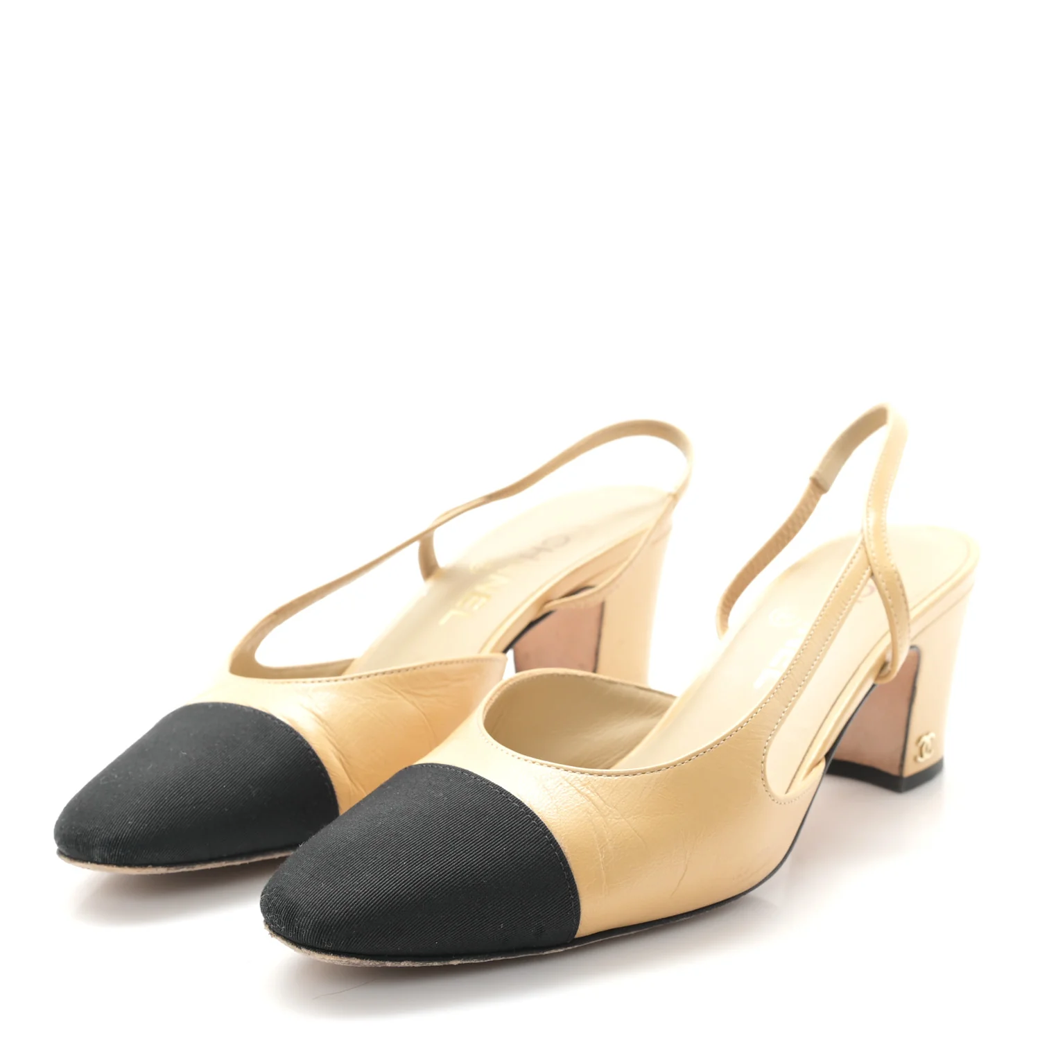 Goatskin Grosgrain Cap Toe CC Slingback Pumps 38.5 Beige Black - Top Club