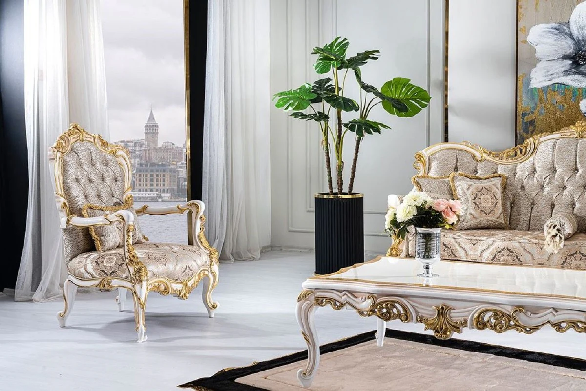 Luxury baroque coffee table white / beige / gold - magnificent living room table in baroque style - baroque style living room furniture - baroque furniture - baroque furnishings - luxury furniture in baroque style