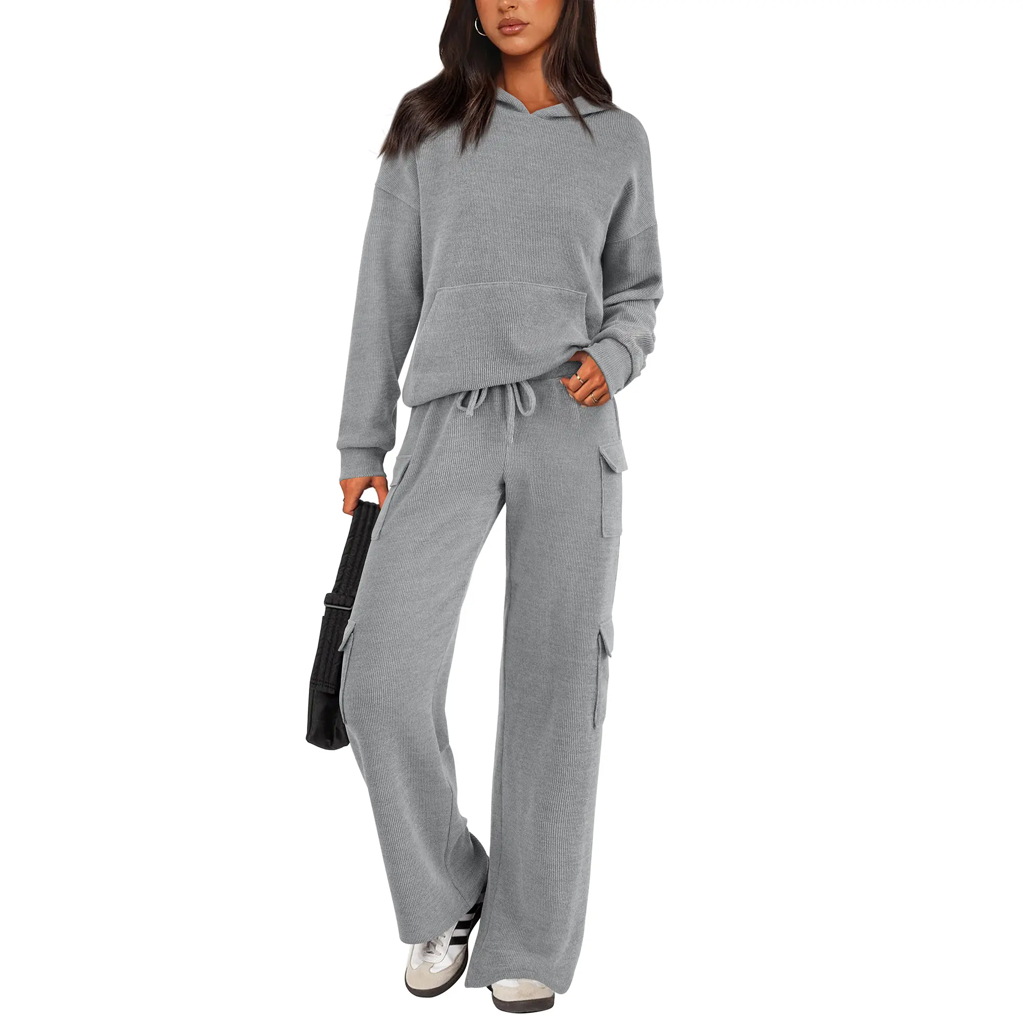 PRETTYGARDEN Women's Navy Blue 2-Piece Knitted Sets Hoodie & Wide Leg Pants with Pockets Drawstring Long Sleeve Loungewear Tracksuits Basic Fitted Clothes
