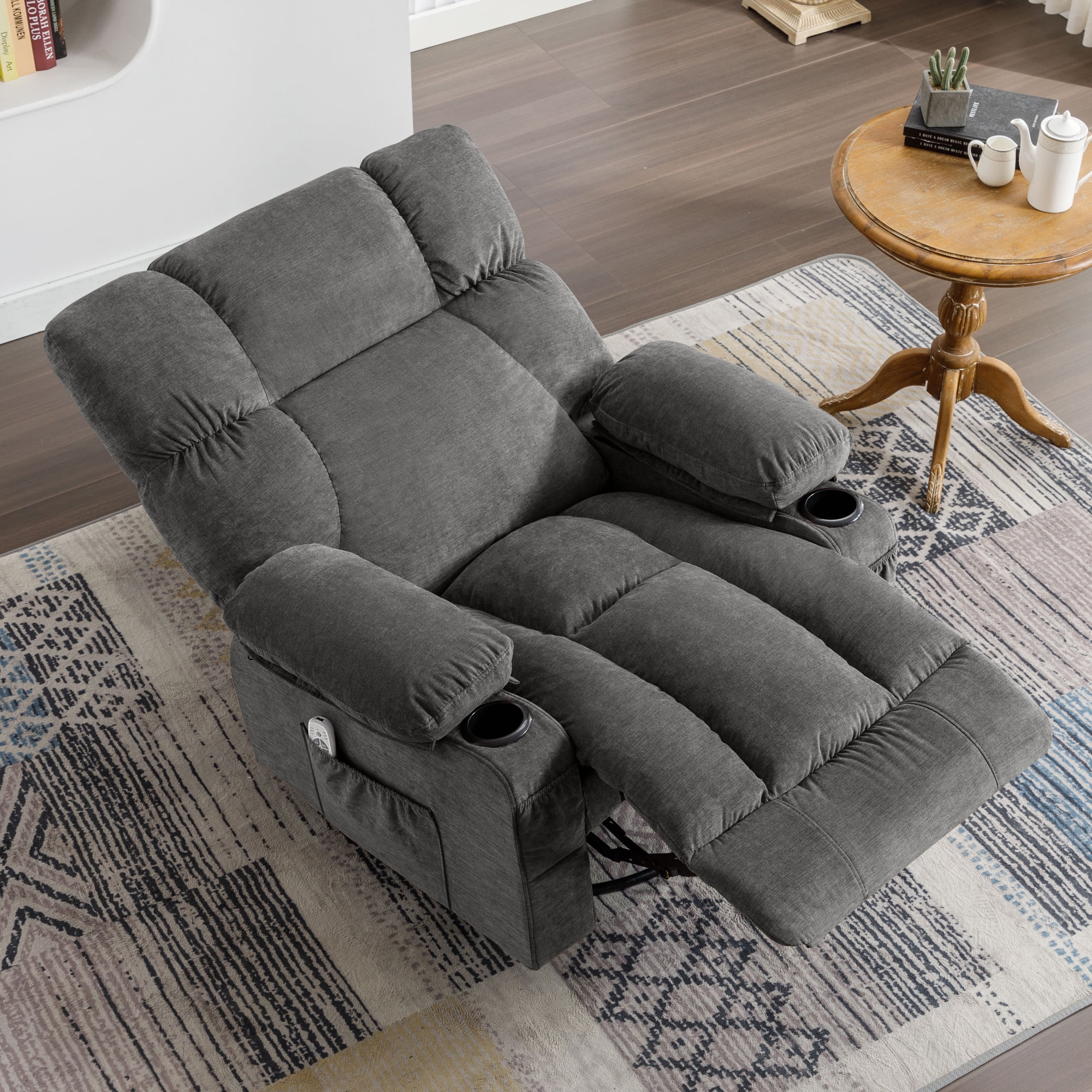 JONPONY Manual Recliner Chair with Heat Therapy and Massage Function, Heavy Duty Reclining Mechanism Massage Chair, Elderly Single Rocker Sofa with Cup Holders for Bedroom Home Theater, Grey