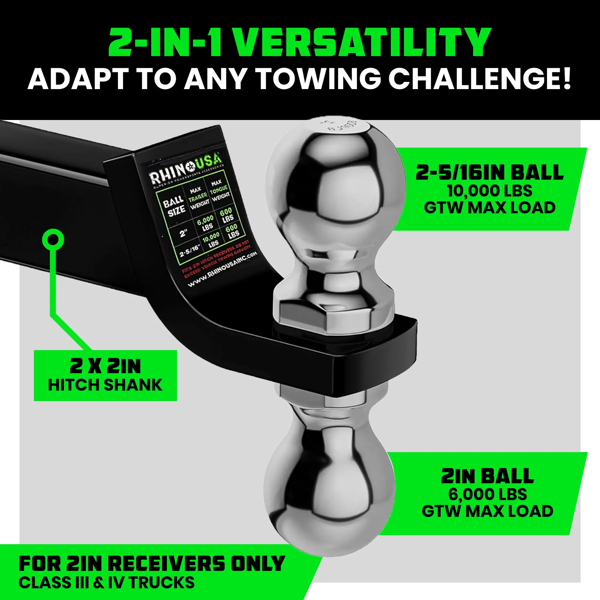 Rhino USA Dual Ball Hitch, Heavy Duty Reversible Tow Hitch Fits 2