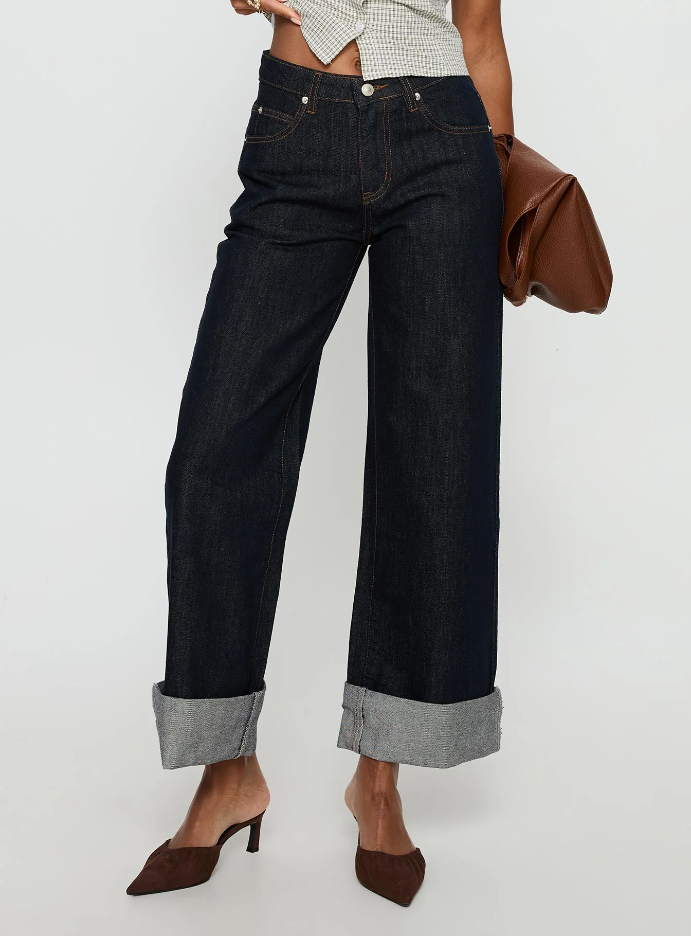 Squire Mid Rise Straight Leg Folded Hem Jeans Indigo Wash