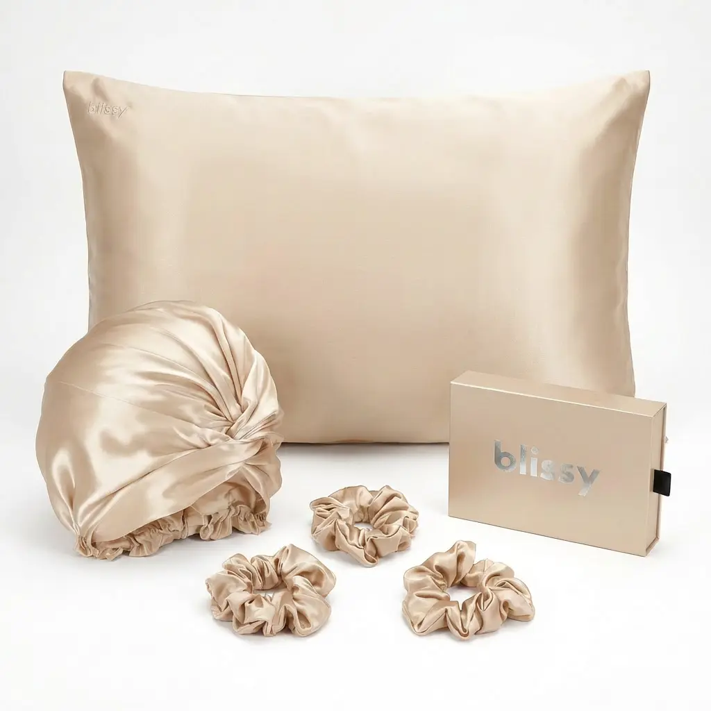 Blissy Silk Bundle – Pillowcase, Bonnet & Scrunchies (3-Pack) – 100% Mulberry Silk