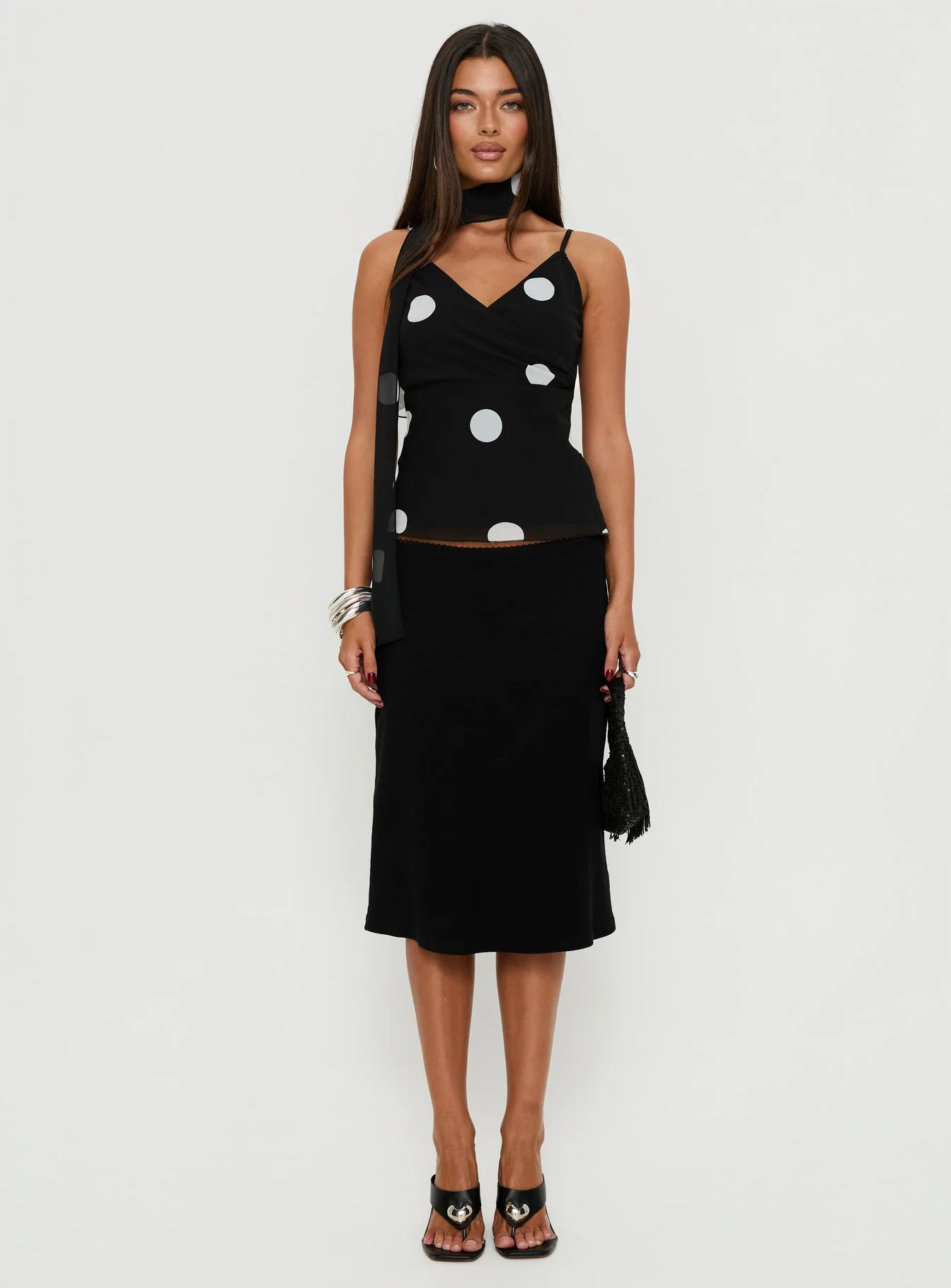 Jenae Scarf Detail Cami Top Black / White Polka