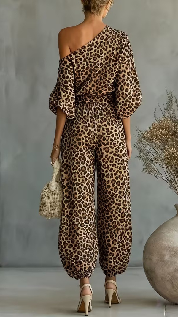 Women's Leopard Print Set: One-Shoulder Top and Harem Pants - Nordfashionstorm - Women's Clothing, Fashion for You - Nordfashionstorm.com