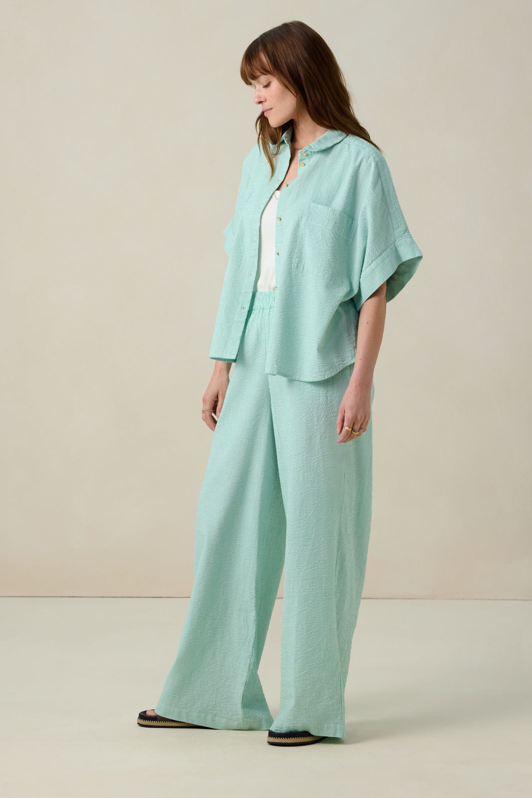 Groen gestreepte high waist wide leg broek