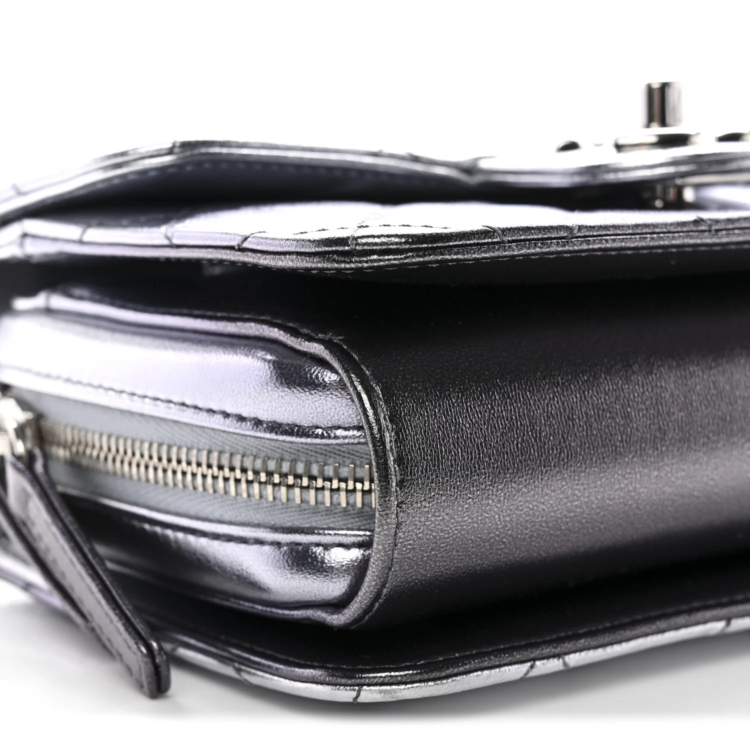Metallic Lambskin Like A Wallet Flap Silvery Black - Top Club