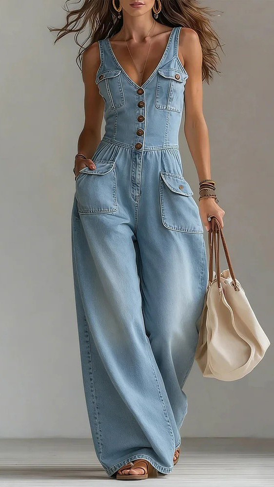 Women's Washed Denim Loose-Fit Sleeveless Jumpsuit with Straps - Nordfashionstorm - Women's Clothing, Fashion for You - Nordfashionstorm.com