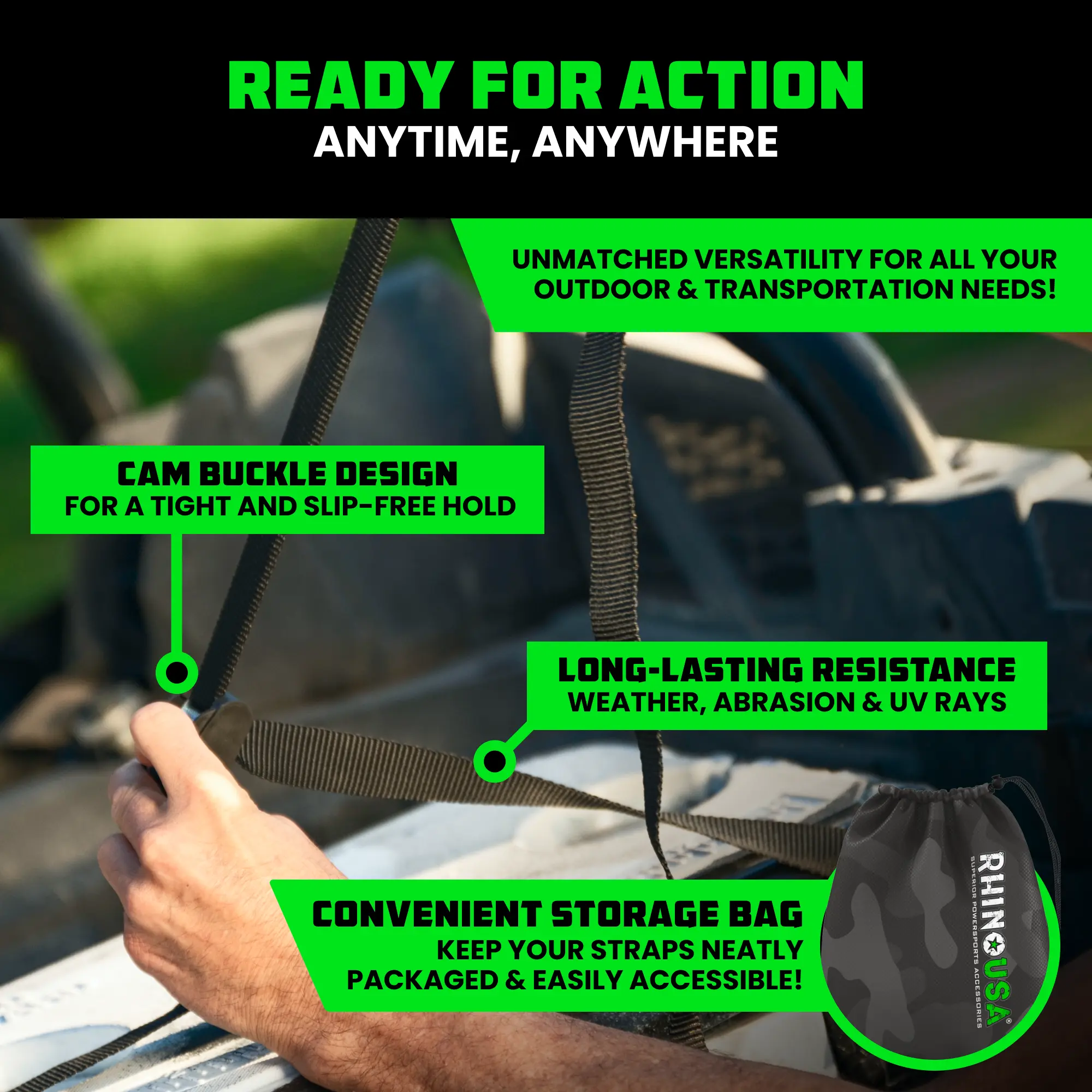 Rhino USA Lashing Straps Cargo Tie Downs (4PK) - 1,320lb lab-inspected Max Break Strength, Includes (4) Heavy Duty 1in x 12ft Cam Buckle Pull Straps