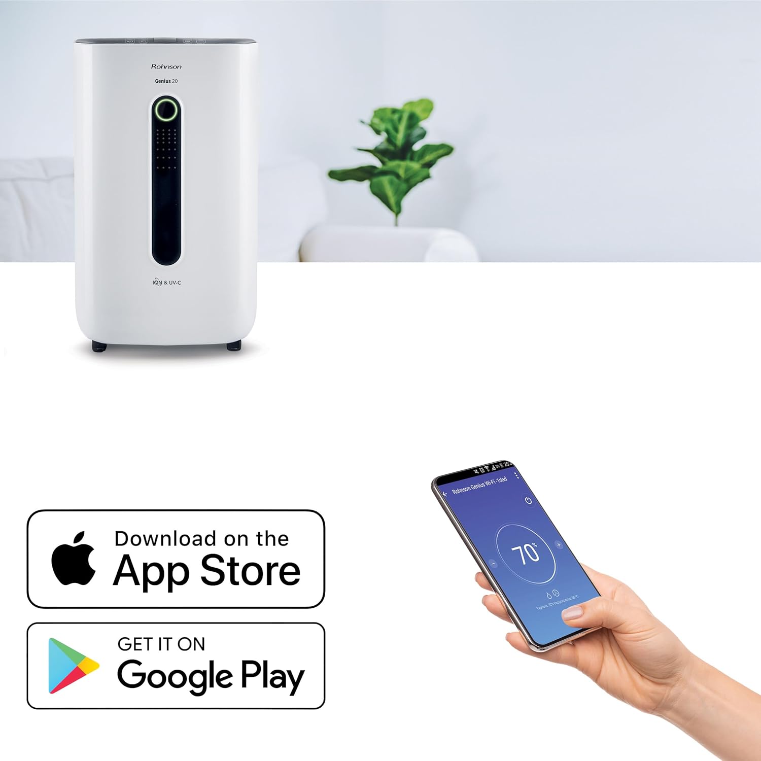 Rohnson Pro-Deumidificatore Avanzato - Purificatore D'aria Ionico Per Spazi Fino A 120m², Controllo Smart Wi-Fi, Ampio Serbatoio Da 6,5L, Funzionamento Silenzioso Con Opzione Filtro HEPA