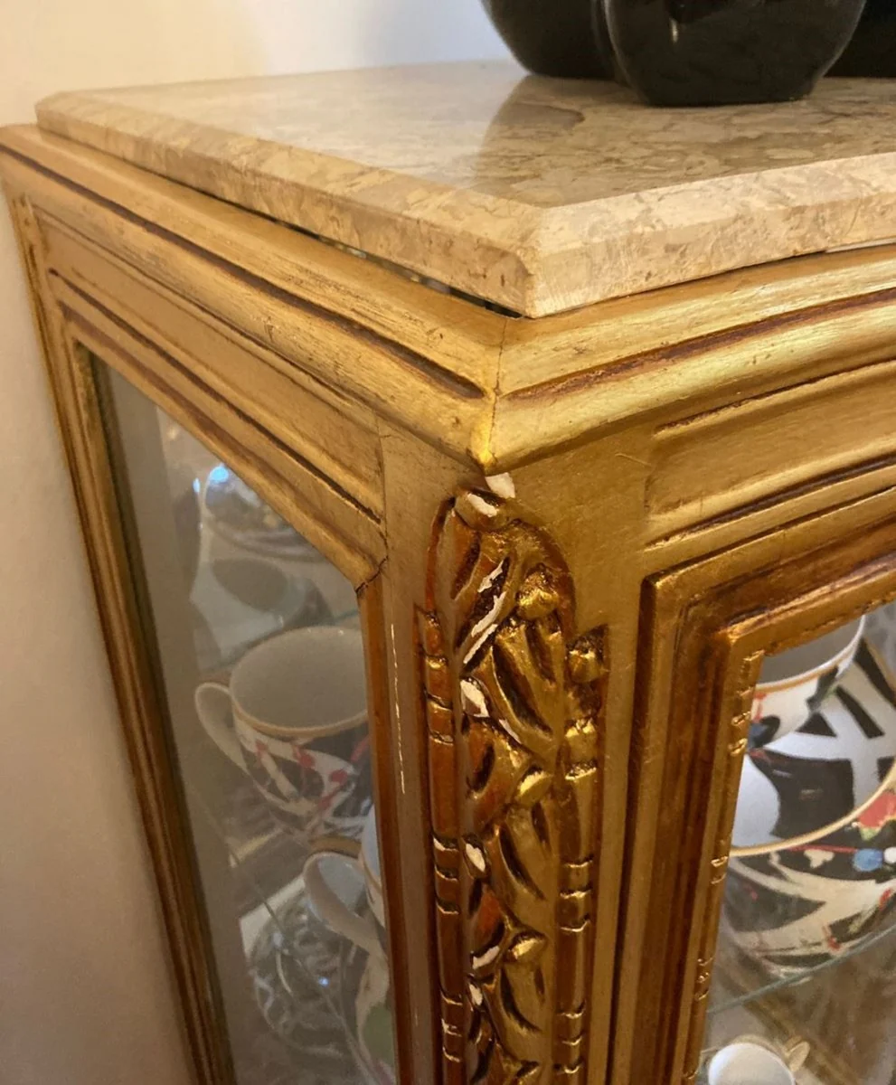 Baroque display cabinet gold / cream - handmade solid wood display cabinet with glass door and marble top - living room furniture in baroque style - baroque furniture - baroque furnishings