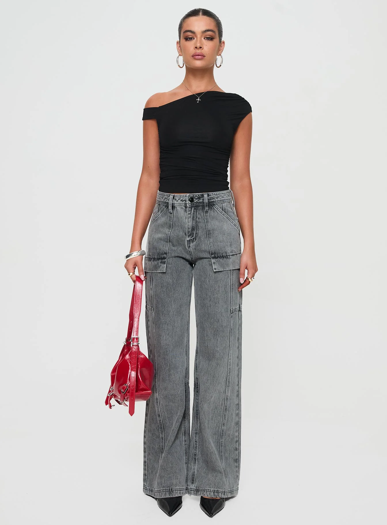 Chad High Rise Flared Cargo Jeans Washed Grey