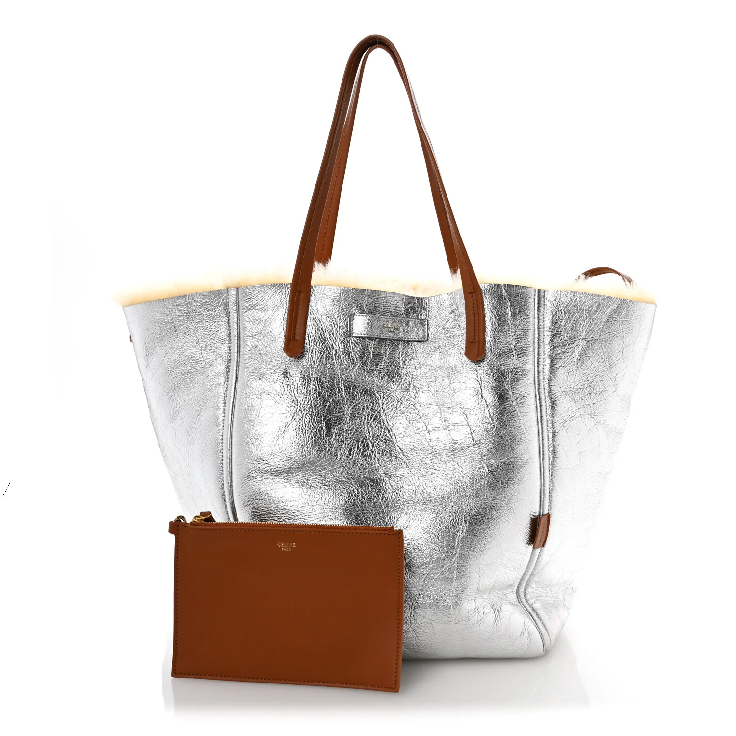 Metallic Lambskin Shearling Medium Phantom Cabas Reversible Tote Natural Silver