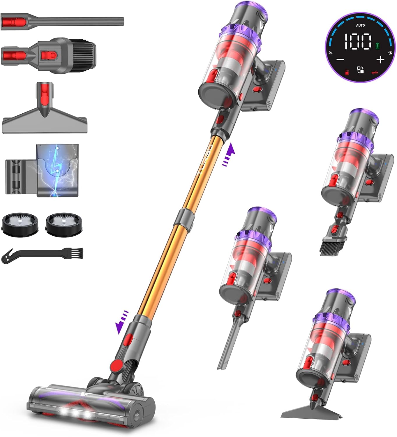 coovy 580W/45000Pa Aspirapolvere senza Fili SU7, Scopa Elettrica senza Filo Potente 70 Min Autonomia con LED Touchscreen Anti-Avvolgimento per Tappeti Pavimento Peli Animali