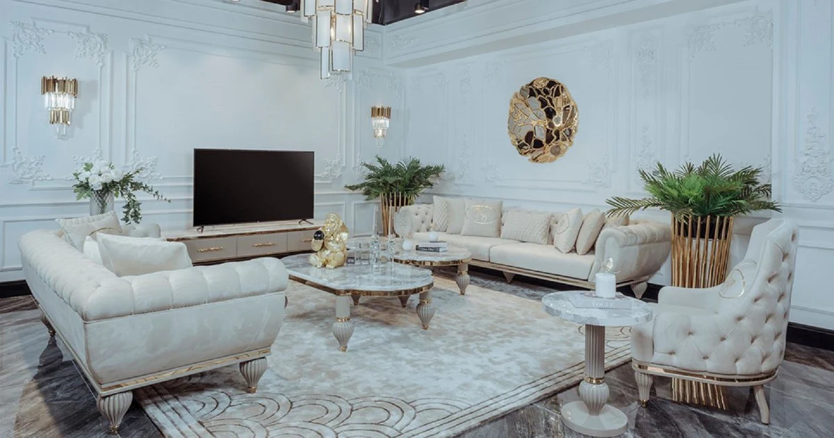 Luxury Art Deco side table gray / white / gold Ø 50 x H. 58 cm - Magnificent table with artificial marble table top - Art Deco living room furniture - Luxury collection