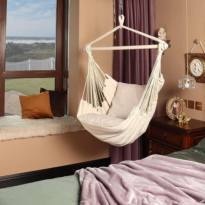 Highwild Hammock Chair Hanging Rope Swing - Max 500 Lbs - 2 Cushions Included - Steel Spreader Bar with Anti-Slip Rings - for all indoor or outdoor spaces
