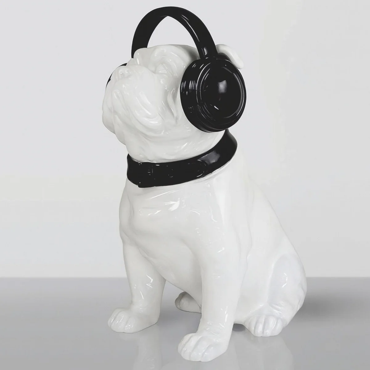 Decorative sculpture dog bulldog with headphones white / black H. 120 cm
