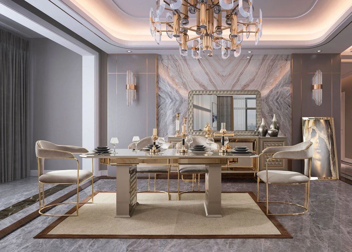 Luxury Art Deco Dining Room Set Gray / Gold - 1 Extendable Dining Table & 6 Dining Chairs with Armrests - Dining Room Furniture - Art Deco Furniture - Luxury Furniture - Art Deco Furnishings