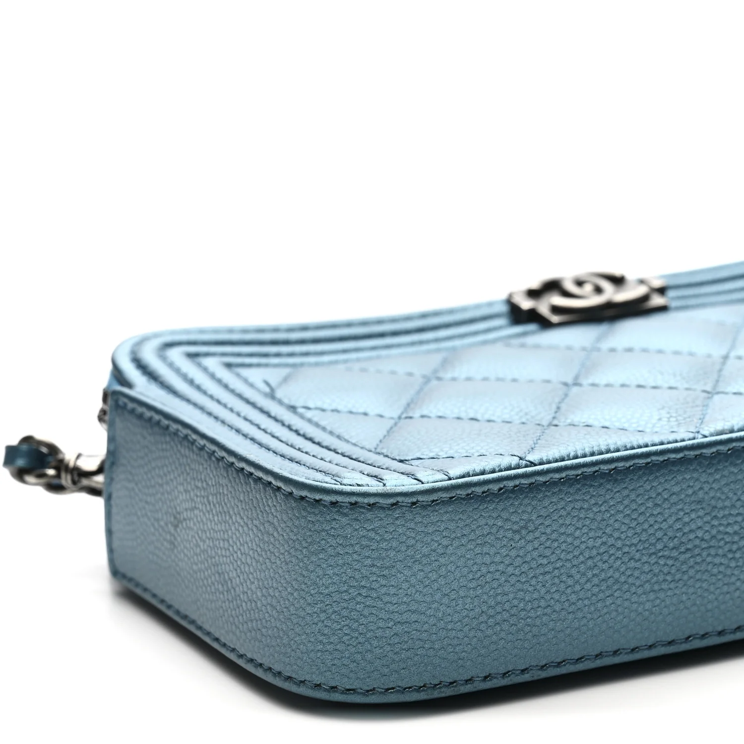 Metallic Caviar Quilted Small Boy Clutch With Chain Turquoise - Top Club