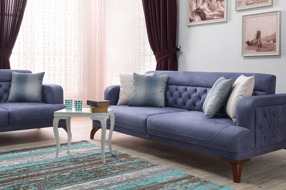 Designer 3 seater sofa Venice blue / wood colored - hotel sofa