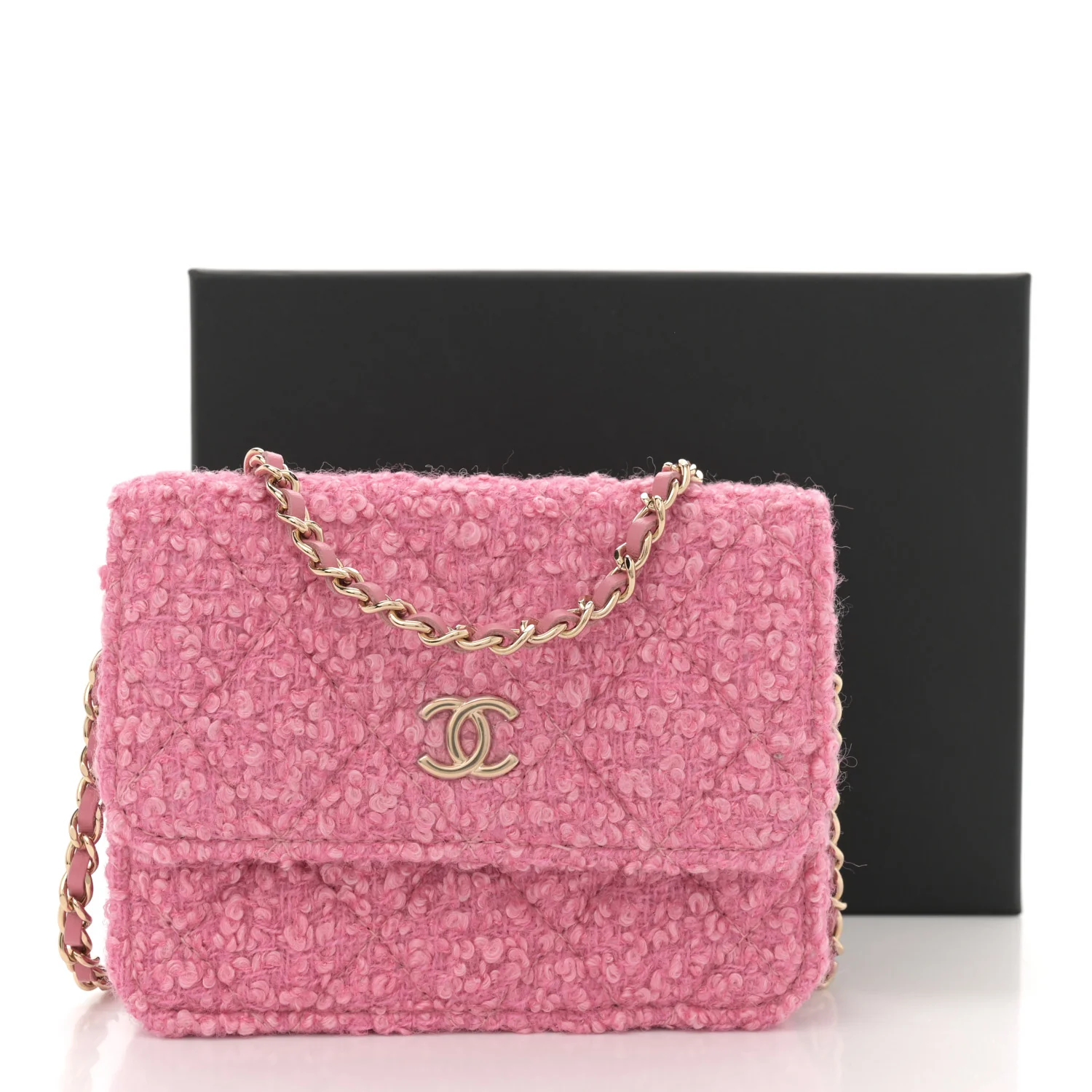 Tweed Quilted Flap Chain Waist Bag Pink - Top Club