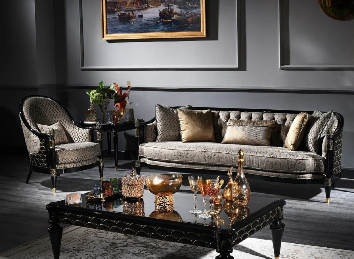 Luxury baroque living room set silver gray / black / gold - 2 sofas & 2 armchairs & 1 coffee table & 2 side tables - magnificent baroque furniture - luxury quality