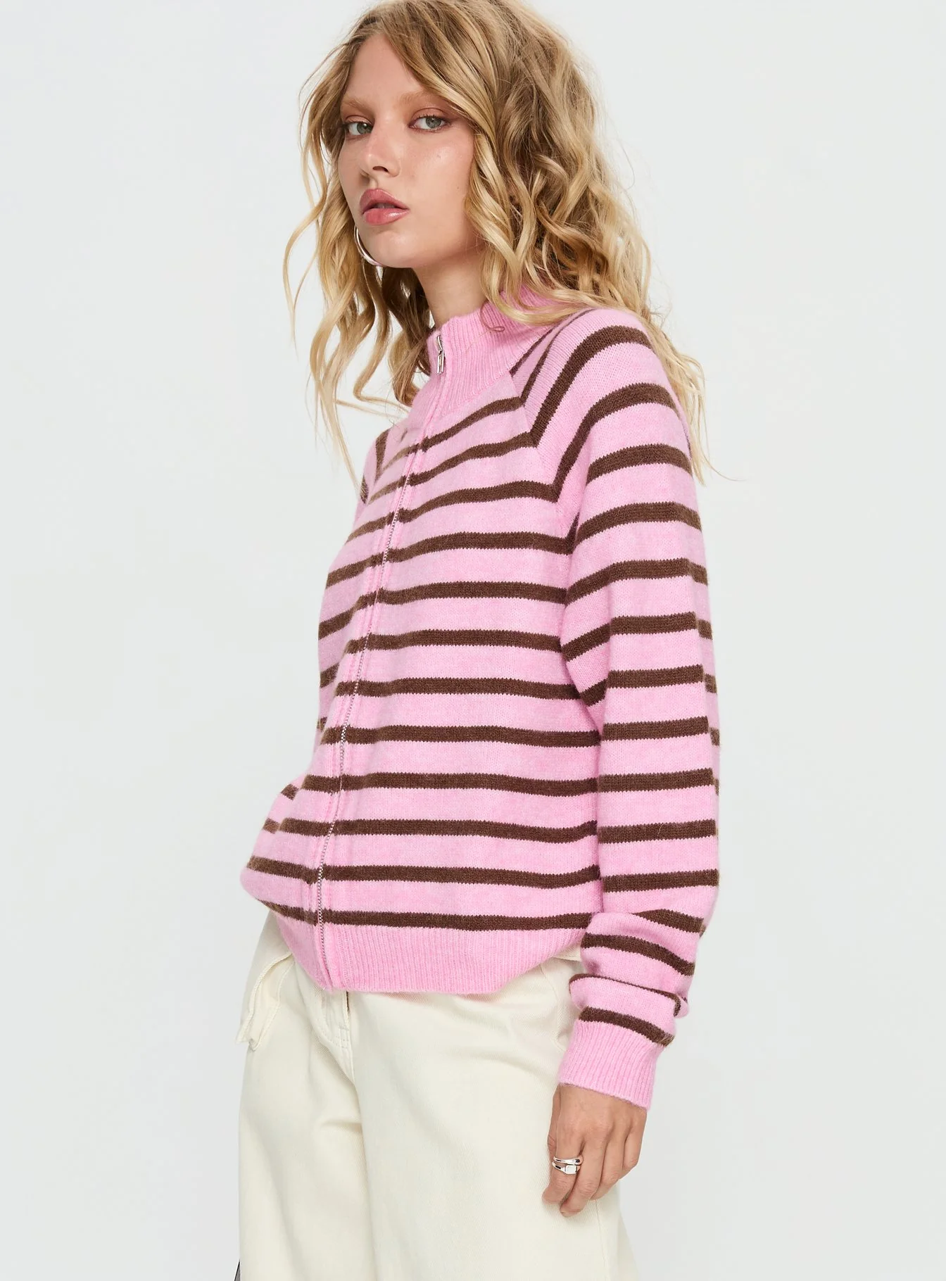 Kaylei Zip Through Cardigan Pink Stripe