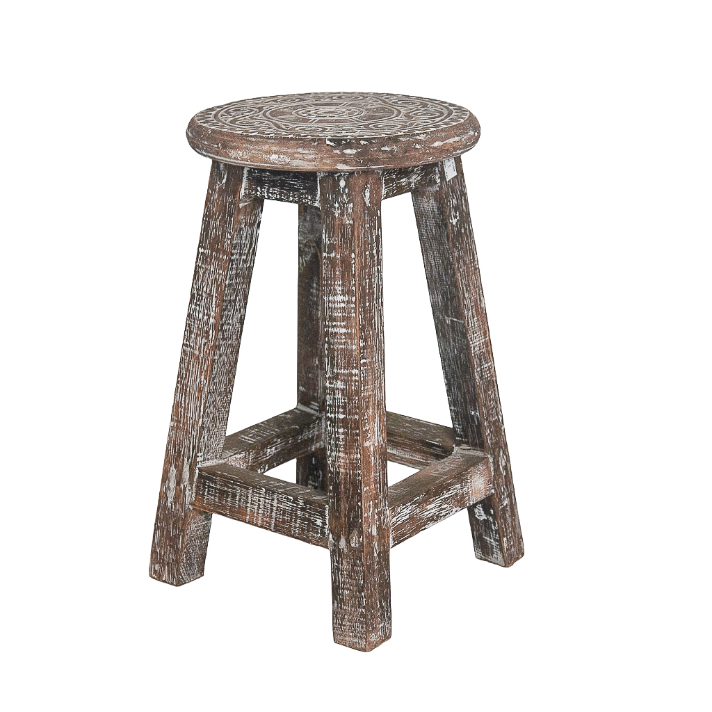 Houten krukje mandala donker natural/whitewash