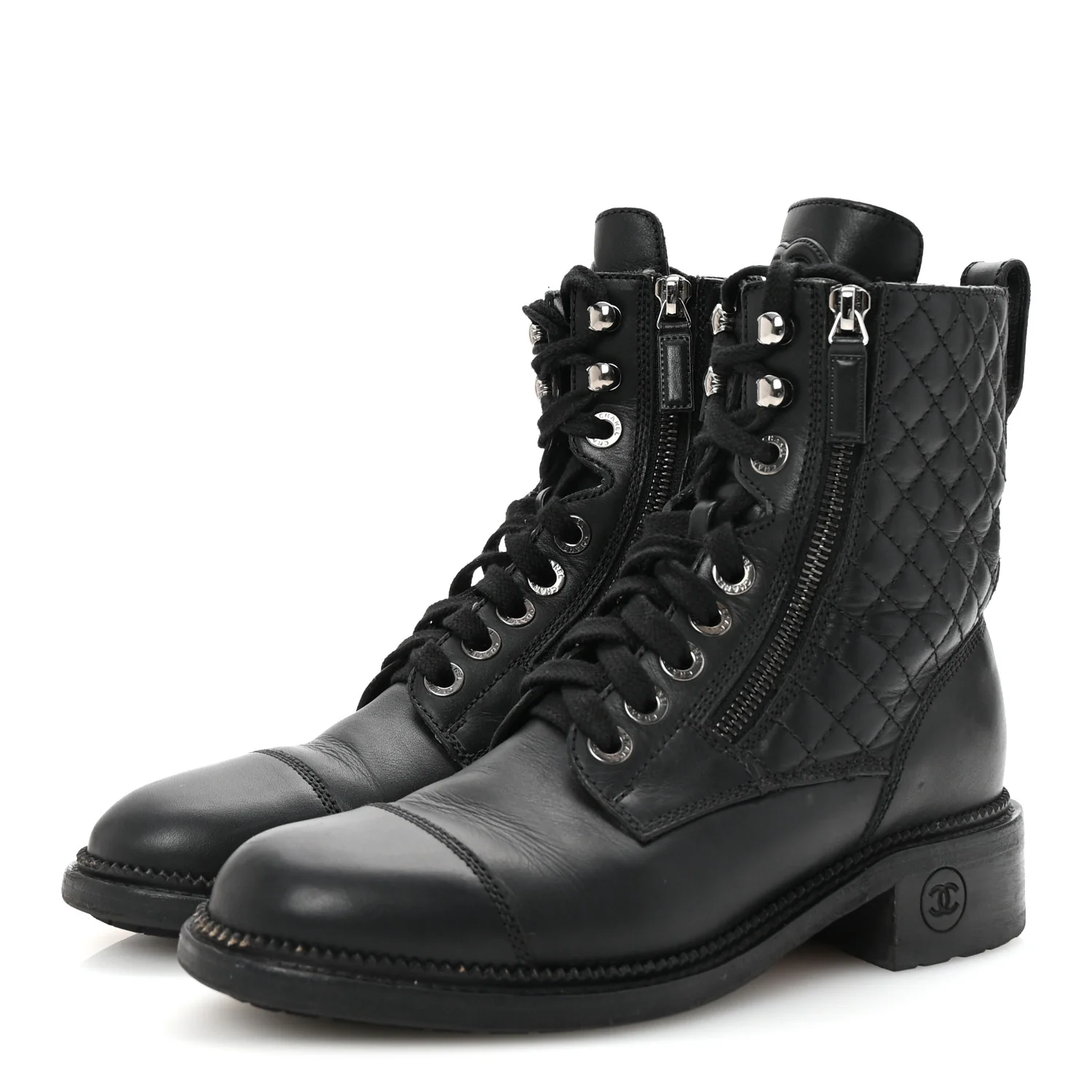 Calfskin Quilted Lace Up Combat Boots 37.5 Black - Top Club