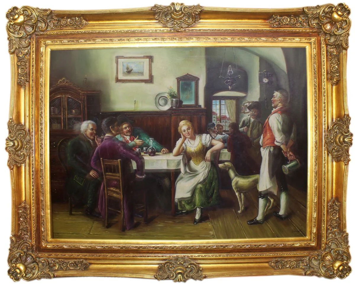 Baroque oil painting company in the tavern multicolored / gold 160 x 10 x H. 130 cm - hand-painted painting with a magnificent frame in the baroque style - baroque wall decoration