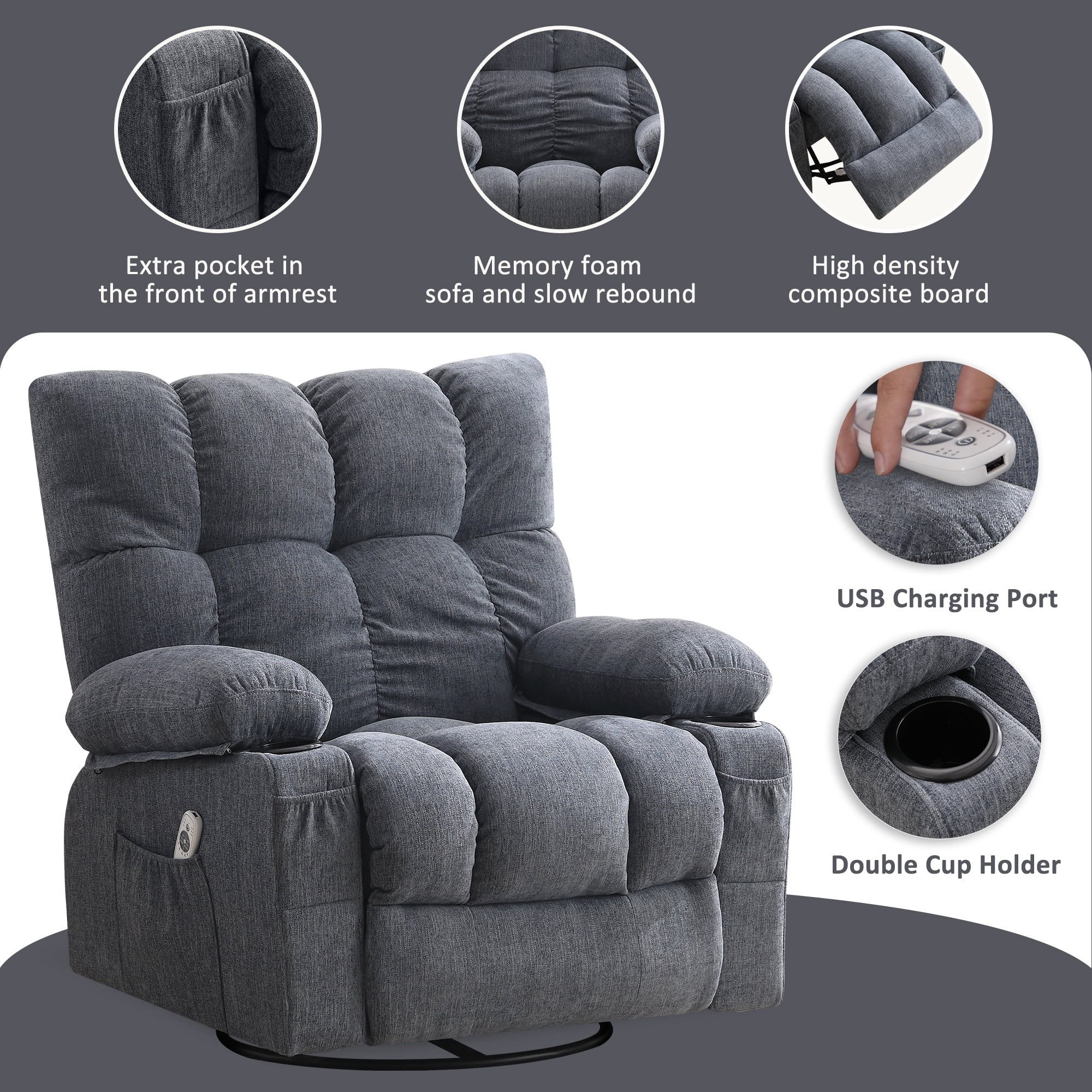 JONPONY Manual Recliner Chair with Heat Therapy and Massage Function, Heavy Duty Reclining Mechanism Massage Chair, Elderly Single Rocker Sofa with Cup Holders for Bedroom Home Theater, Grey