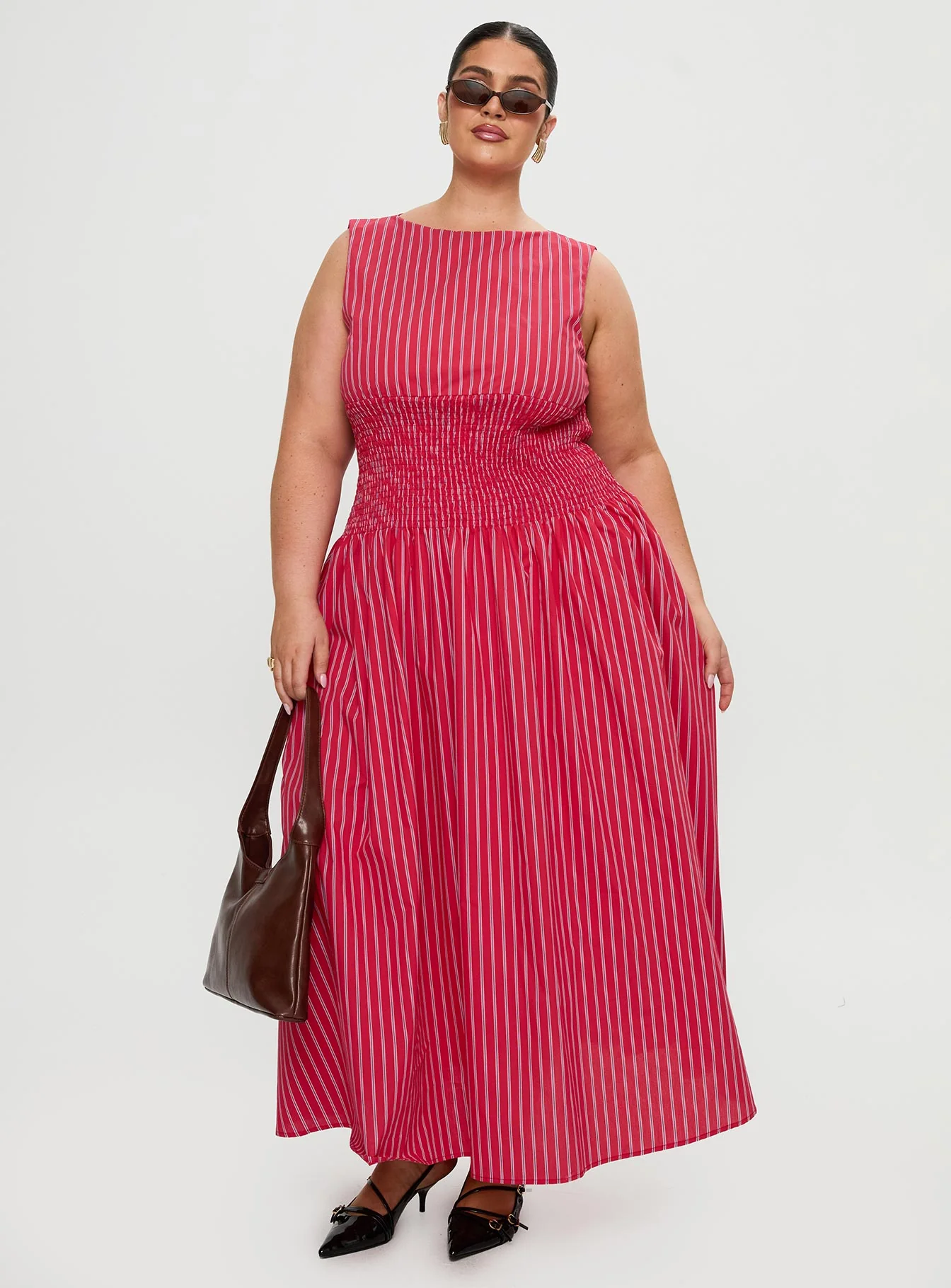 Lilienne Cotton Poplin Maxi Dress Red Stripe Curve