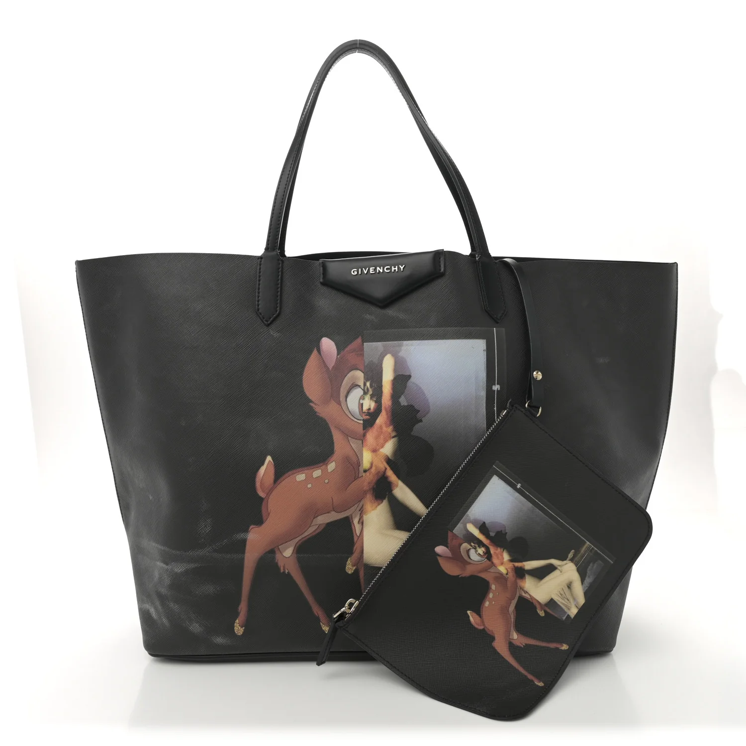 Textured Coated Canvas Bambi Print Large Antigona Tote Black - Top Club