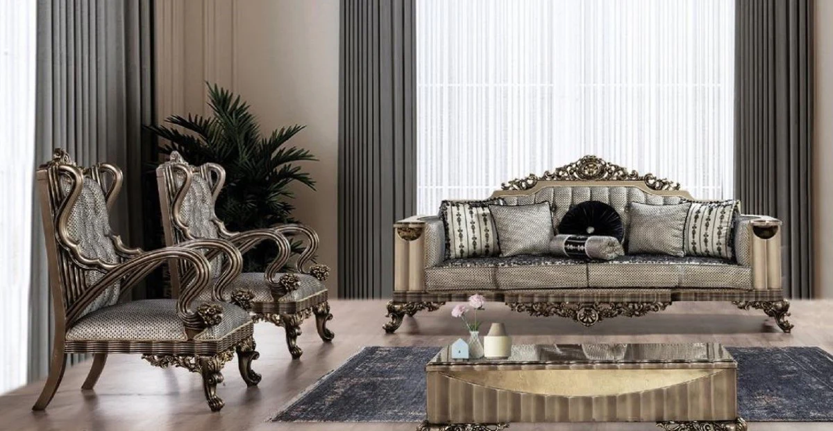 Luxury Baroque Living Room Set Silver / Black / Gold - 2 Baroque Sofas & 2 Baroque Armchairs & 1 Baroque Coffee Table - Baroque Living Room Furniture
