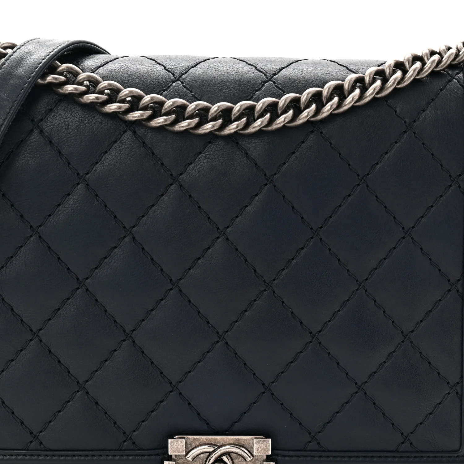 Calfskin Double Stitch Large Boy Flap Navy Blue - Top Club