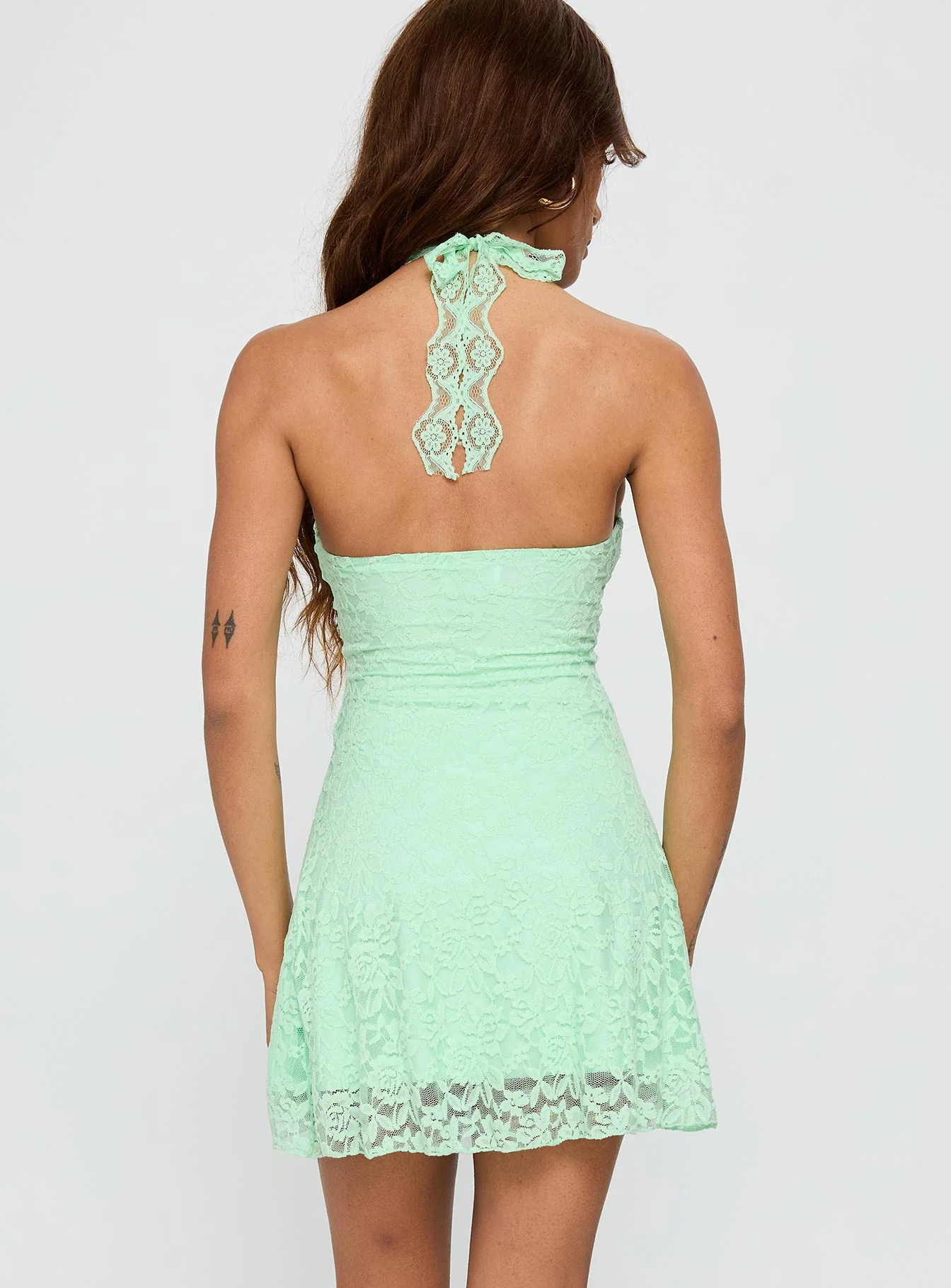Front Page Halter Lace Mini Dress Aqua
