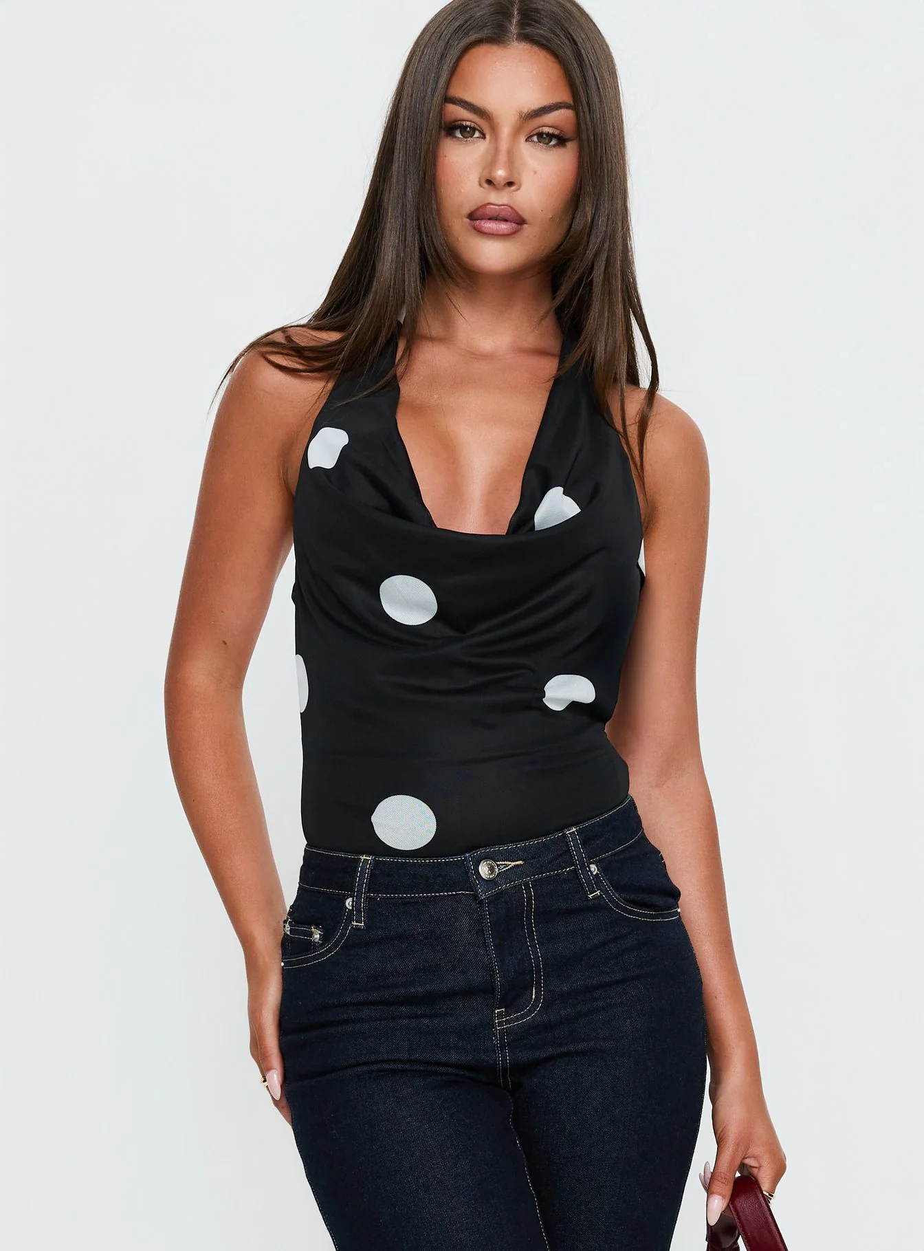Cleona Plunge Neck Bodysuit Black Polka