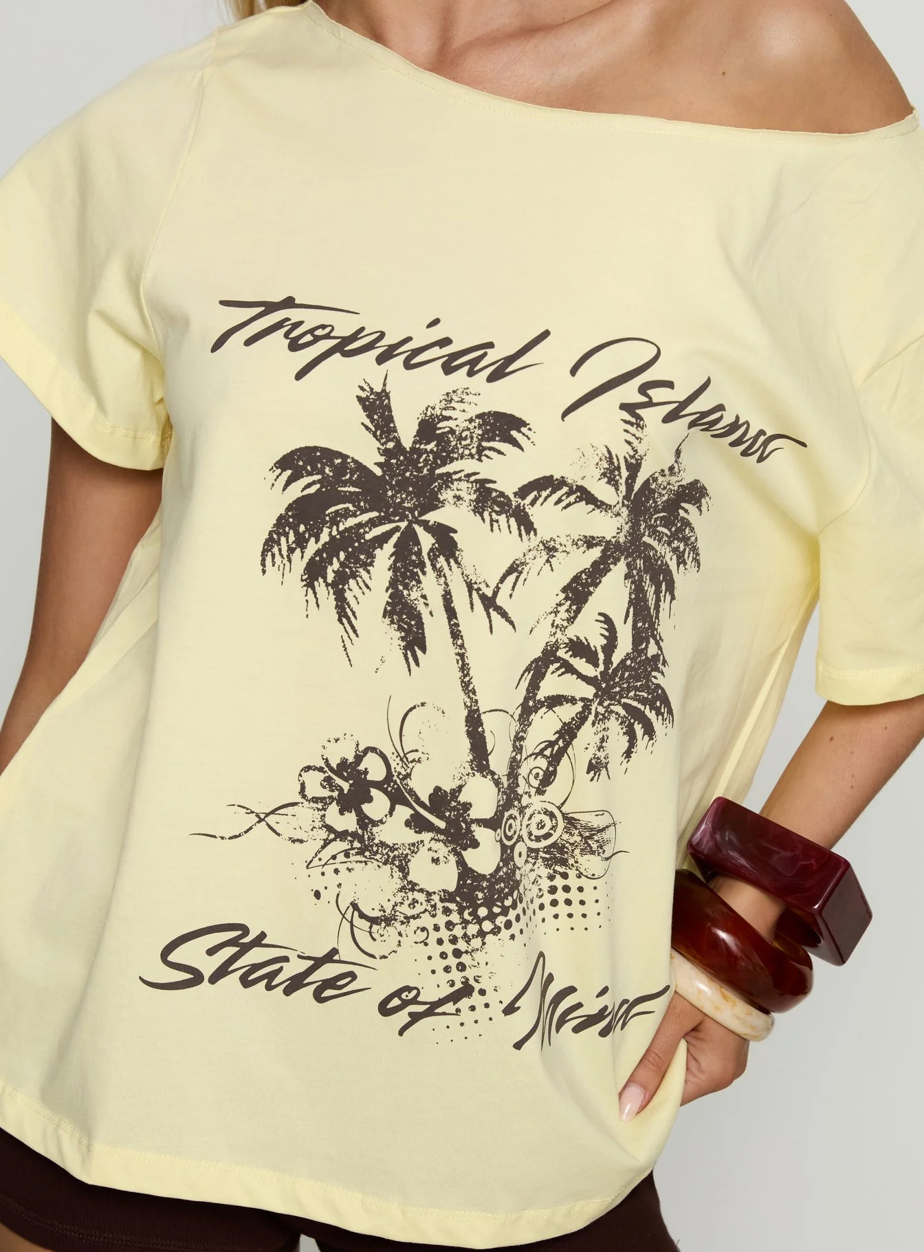Tropical Islands Off Shoulder Graphic Tee Yellow