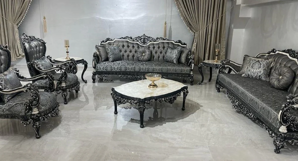 Luxury Baroque Living Room Set Silver / White / Black / Gold - 2 Baroque Sofas & 2 Baroque Armchairs & 1 Baroque Coffee Table - Luxury Living Room Furniture in Baroque Style - Baroque Furniture