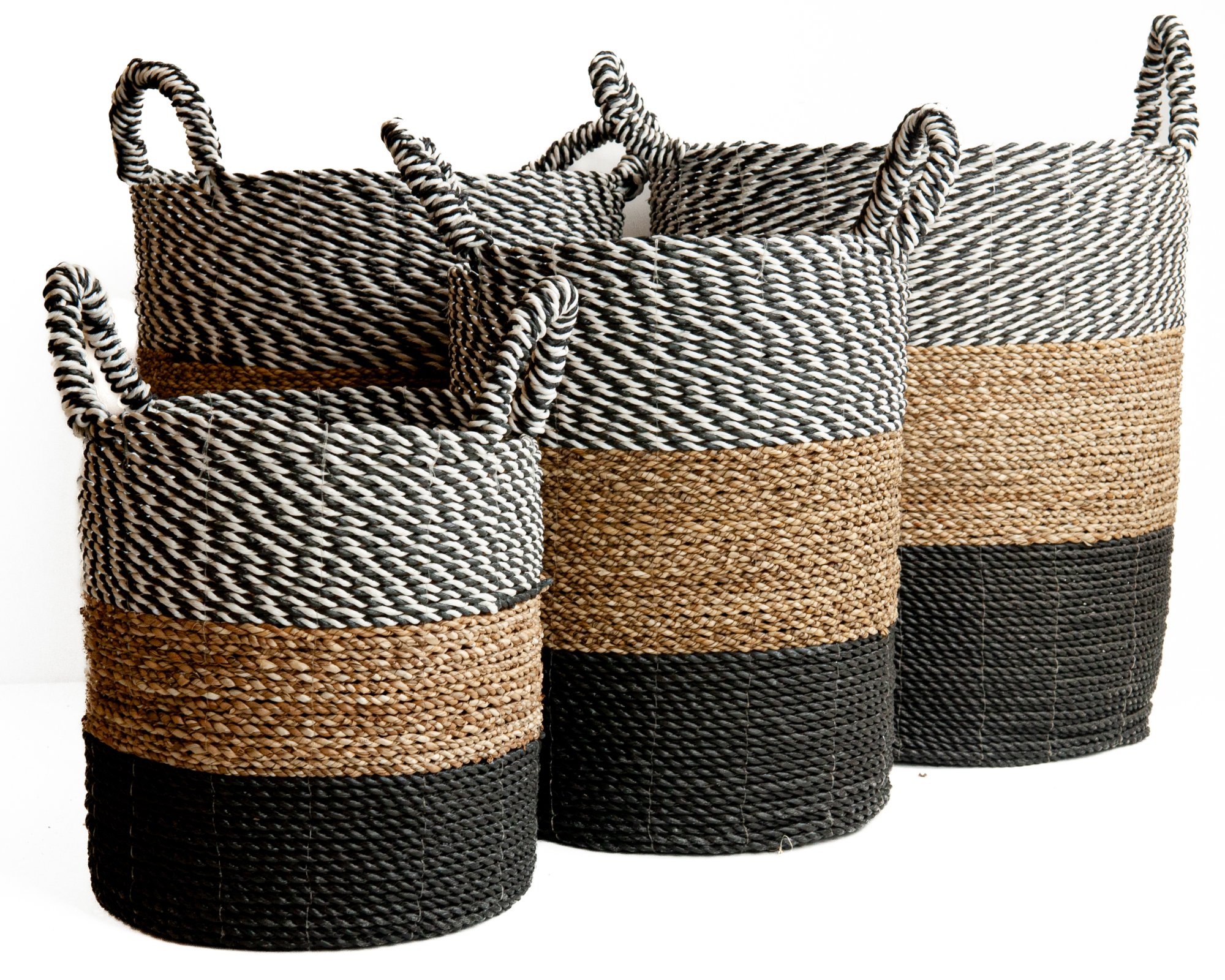 Seagrass gevlochten mand zwart-wit/natural/zwart XL