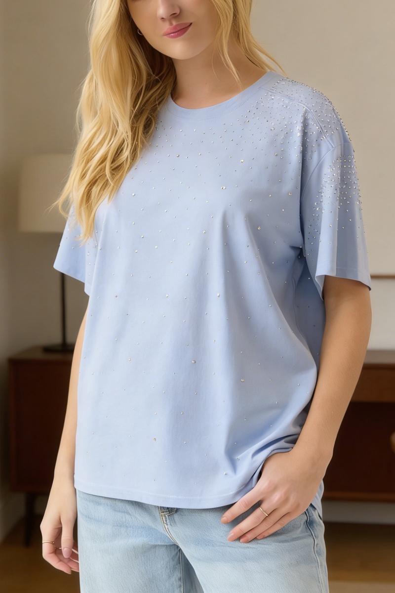 Loose-Fit T-Shirt with Shoulder Panel and Rhinestone Embellishment - Nordfashionstorm - Women's Clothing, Fashion for You - Nordfashionstorm.com