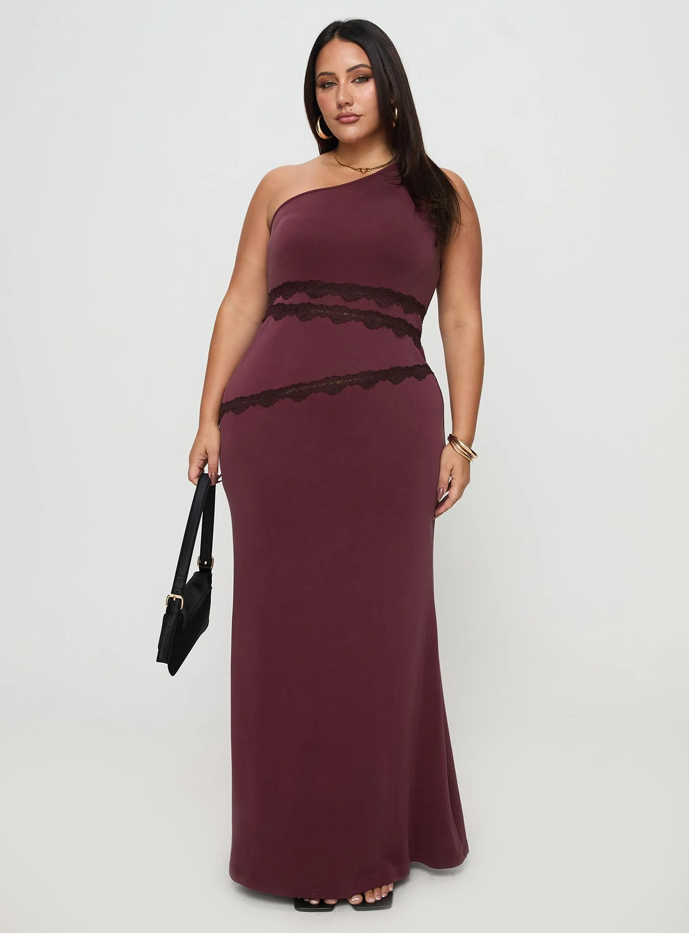 Ultraviolet One Shoulder Lace Maxi Dress Wine Curve