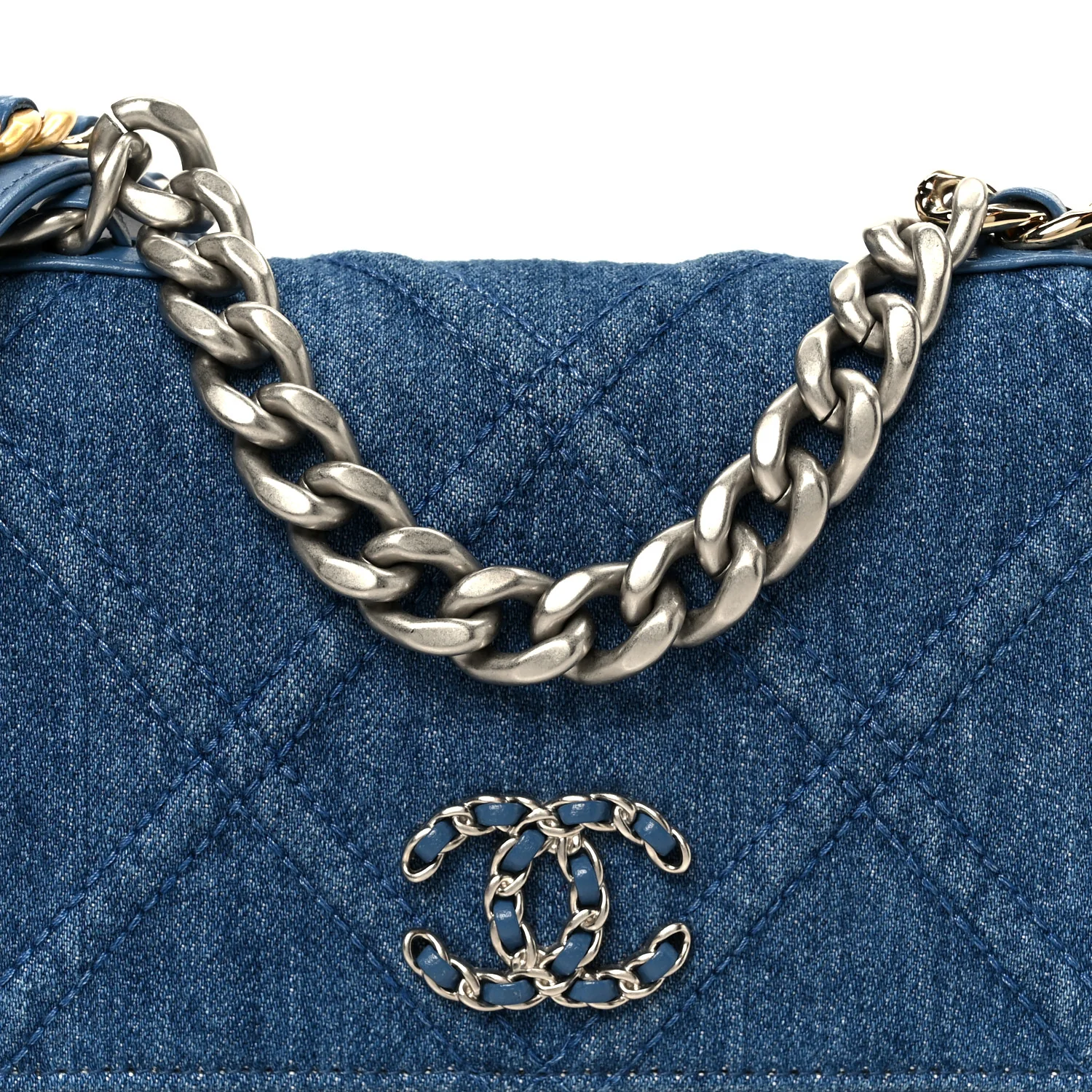 Denim Quilted Chanel 19 Wallet On Chain WOC Blue - Top Club