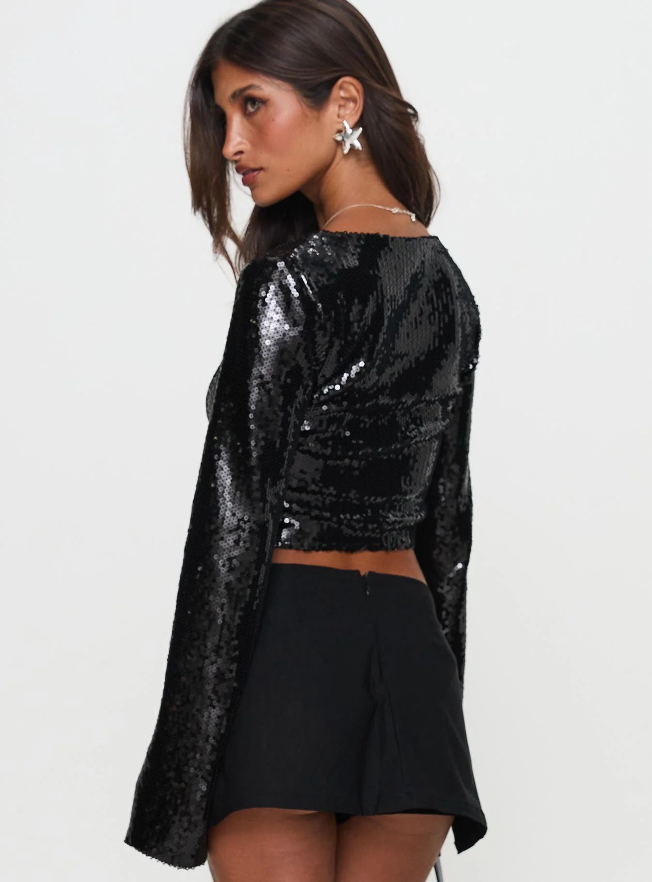 Zenobia Long Sleeve Sequin Top Black