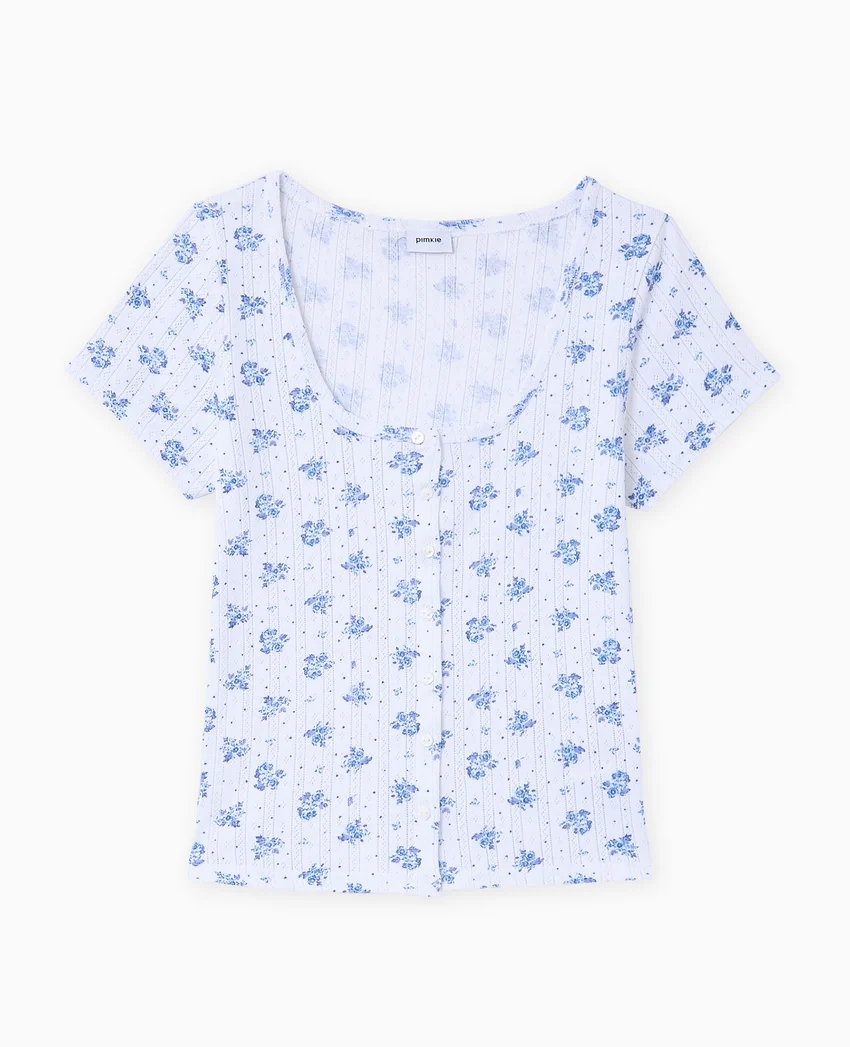 Pimkie T-shirt boutonné en maille pointelle motif fleurs