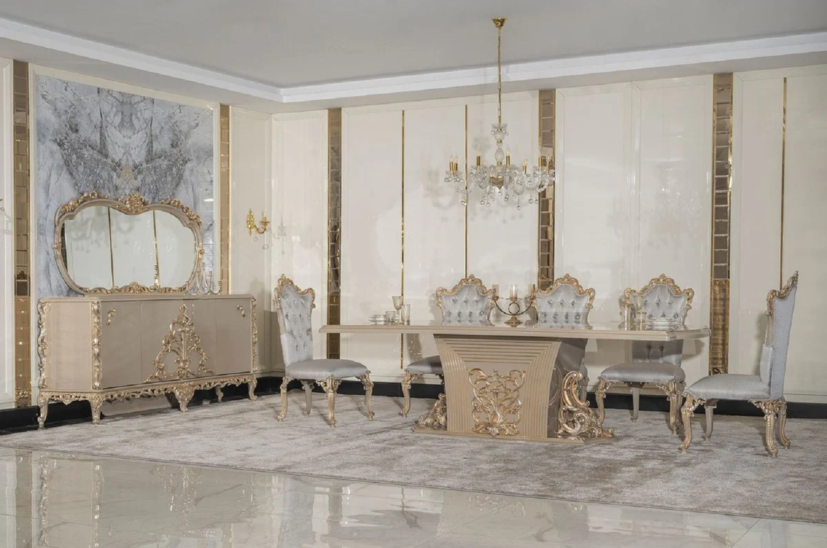 Luxury Baroque Dining Room Set Silver / Gray / Gold - 1 Baroque Dining Table & 8 Baroque Dining Chairs
