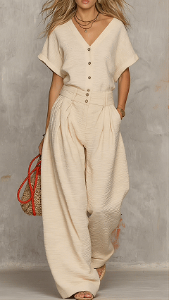 Women's Cotton-Blend Textured V-Neck Top & Wide-Leg Pants Set - Nordfashionstorm - Women's Clothing, Fashion for You - Nordfashionstorm.com