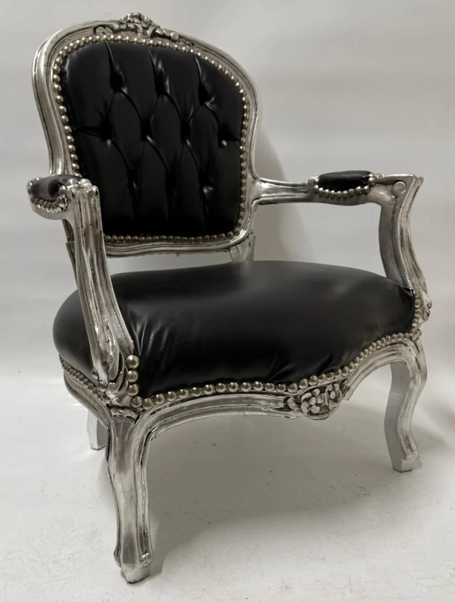 Baroque faux leather children's chair with armrests black / silver - Baroque children's furniture