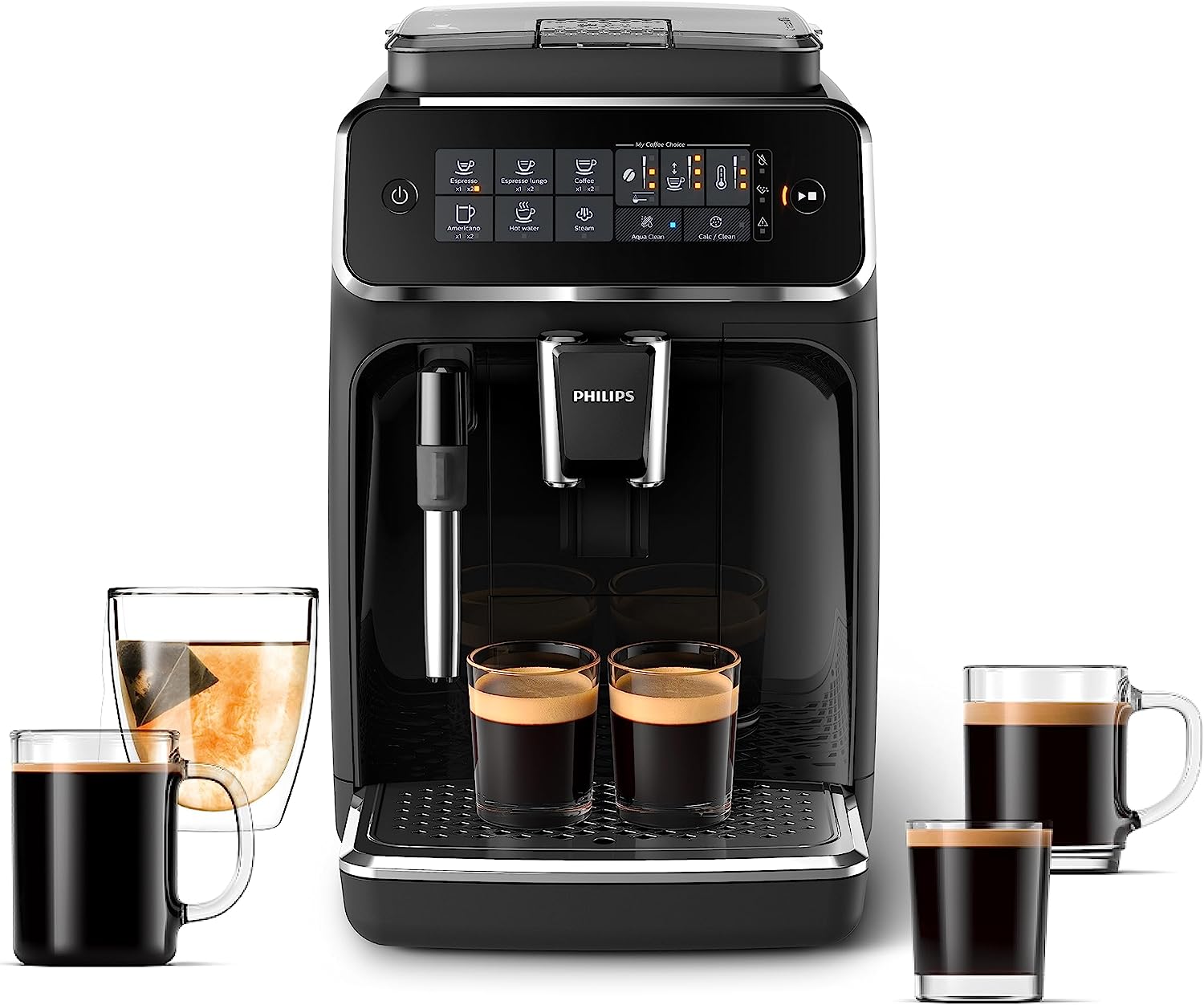 PHILIPS 3200 Series Fully Automatic Espresso Machine - Classic Milk Frother, 4 Types of Coffee, Intuitive Touch Display, Black, (EP3221/44)